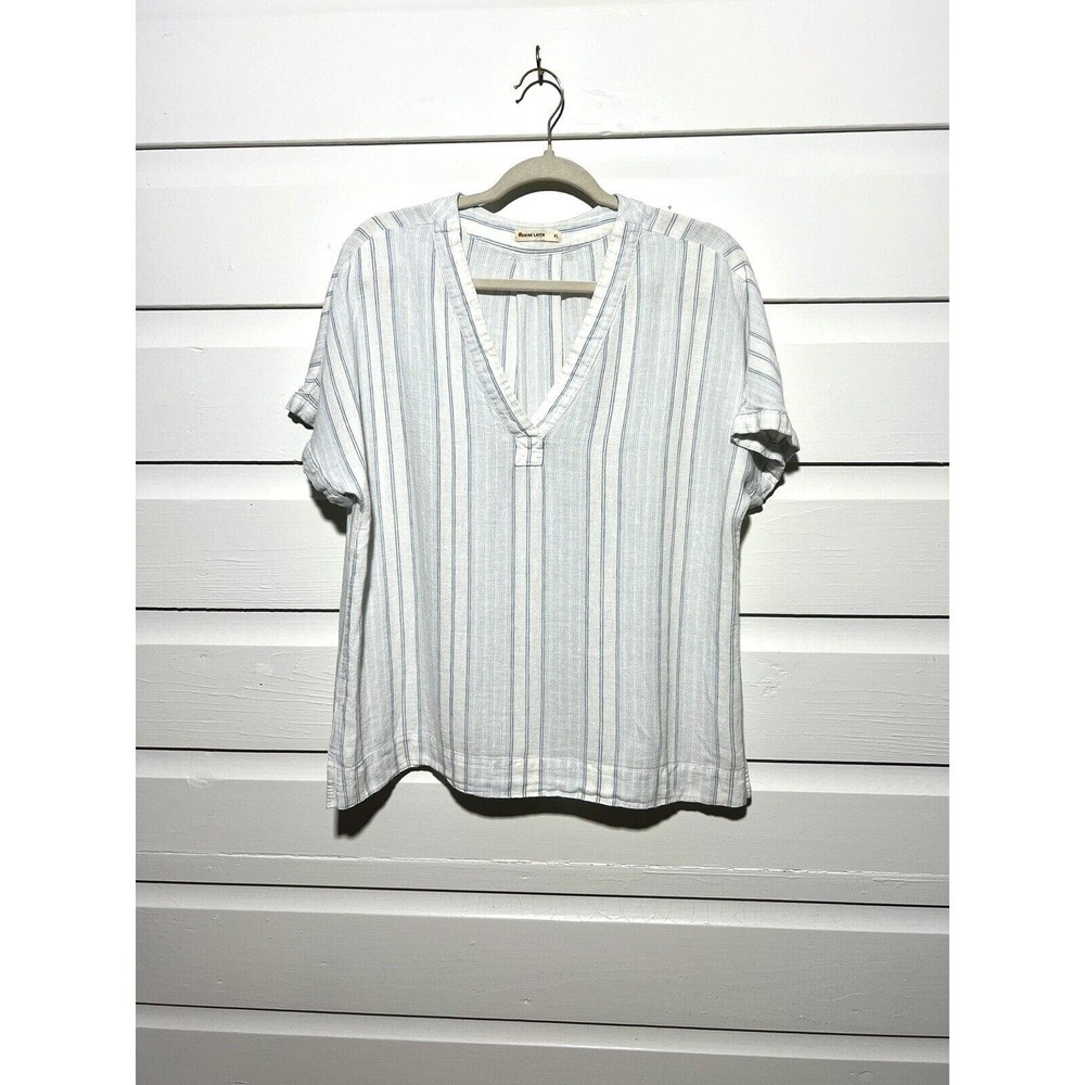 Marine Layer Bali Striped Linen Short Sleeve Top VNeck Casual Pullover Sz XLarge